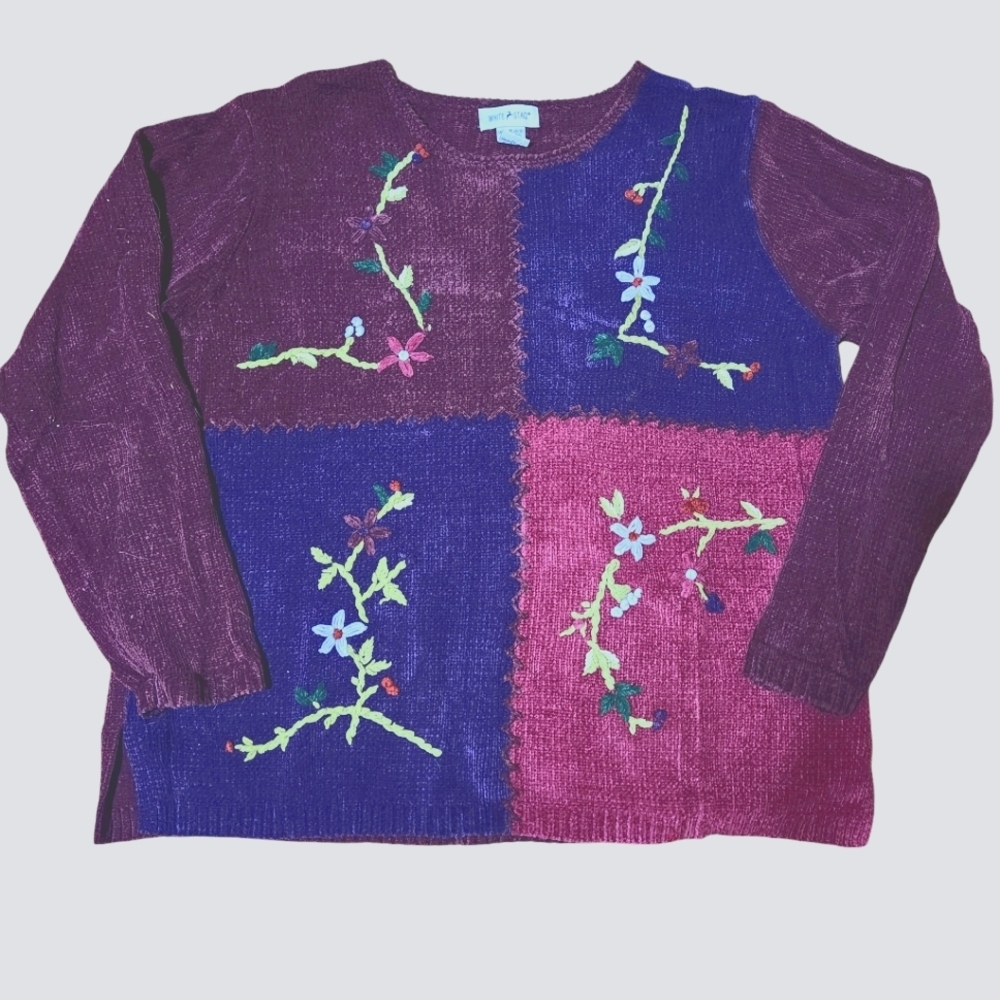 White Stag‎ Embroidered floral crewneck sweater purple pink vintage size XL